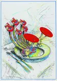 Christian Ludwig Attersee, 3 Bll.: Fleischschnuppenpaar. Tellerlampe. Eisvogel, 1974, Offset lithograph in colours