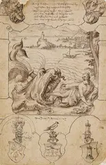 Jona und der Wal umgeben von allegorischen Figuren und drei Wappen (Scheibenriss) by Hans Jakob Nüscheler the Elder, 1627, Pen and Indian ink drawing, sold Oct 2005
