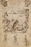 Hans Jakob Nüscheler the Elder, Jona und der Wal umgeben von allegorischen Figuren und drei Wappen (Scheibenriss), 1627, Pen and Indian ink drawing