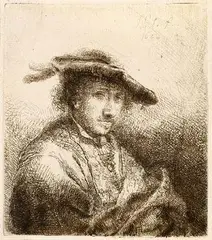 Ferdinand Bol, Brustbildnis eines jungen Mannes mit Federbarett, 1642, Etching