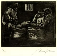 Alfred Hrdlicka, 2 Bll.: Die Kette I - Striptease in Soho. Die körperliche Kur in der Renaissance I (Der Trichter), 1971, Mezzotint