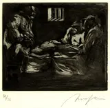 Alfred Hrdlicka, 2 Bll.: Die Kette I - Striptease in Soho. Die körperliche Kur in der Renaissance I (Der Trichter), 1971, Mezzotint