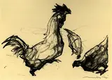 Hans Theo Richter, Stolzierender Hahn und zwei Hennen, 1954, Lithograph