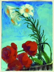 Emil Nolde, Mohn und weiße Lilien vor blauem Grund, Watercolour