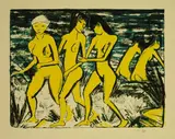 Otto Mueller, Fünf gelbe Akte am Wasser (Fünf Mädchen am Strand. Nordsee - Badende Mädchen), 1921, Lithograph in colours