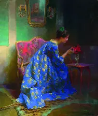 Viktor Schramm, Dame in blauem Kleid, Oil on panel