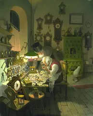 Gabor Vida, Der Uhrmacher, Oil on panel