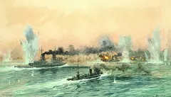 Claus Bergen, Das Flottenflaggschiff "Friedrich d. Große" in der Skagerakschlacht, 1916, 1916, Tempera