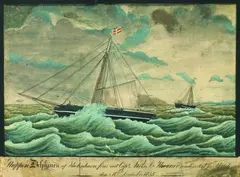Ole Johnson-Seböy, Schaluppe "Delphin" aus Kopenhagen. "Sluppen Delphinen af Kiobenhavn föris vede Capt. Niels J. Thornoi under Seil...den 30. December 1835", 1835, Watercolour