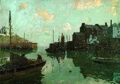 Claus Bergen, Fischer in der Hafeneinfahrt von Polperro (Cornwall), 1910, Oil on canvas