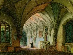 Simon Quaglio, Kreuzgang in einem Kloster mit einem betenden Mönch, 1835, Watercolour