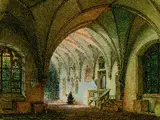 Simon Quaglio, Kreuzgang in einem Kloster mit einem betenden Mönch, 1835, Watercolour