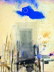 August Ohm, Bootssteg mit blauem Mond (Bootssteg bei Rantum), 2000, Gouache