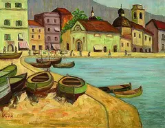Max Unold, Südliche Bucht mit Booten, Oil on cardboard