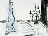 Elvira Bach, Interieur mit weiblichem Akt, 1989, Gouache