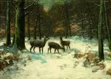 Otto Scheuerer, Rehe im winterlichen Wald, Oil on cardboard