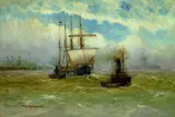 Alfred Jensen, Viermastbark mit Schlepper vor einer Hafenkulisse (Cuxhaven?)