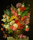 Englischer Stillebenmaler, Arrangement von Sommerblumen in Prunkschale, Oil on canvas