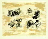 Henry Moore, Eight sculptural Ideas. Girl writing (Sketchbook page), 1973, Lithograph in colours