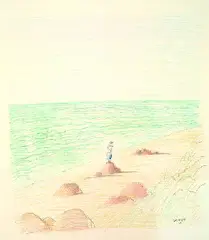 Jean-Jacques Sempé, Mann das Meer grüßend, 1980, Coloured crayon drawing