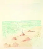 Jean-Jacques Sempé, Mann das Meer grüßend, 1980, Coloured crayon drawing