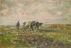 Julius Seyler, Bauer mit Ochsengespann auf dem Felde, Oil on cardboard