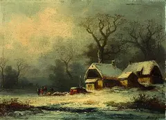 Cölestin Brügner, Bauernhof in Winterlandschaft, Oil on canvas