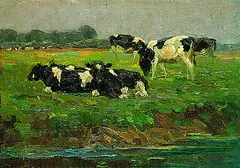 August Lüdecke-Kleve, Kälber auf der Weide, Oil on canvas