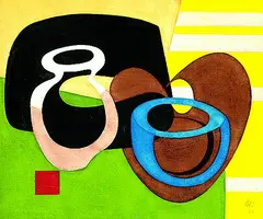 Ali Baumgarten, 2 Gemälde: Bild mit Krug u. Schale. Federweiße, 1990, Acrylic on fibreboard