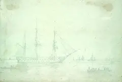 Christoffer Wilhelm Eckersberg, Dänisches Kriegsschiff von Booten umgeben, Pencil drawing