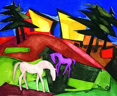 Ali Baumgarten, Gehöft mit Pferden, 1989, Acrylic on fibreboard