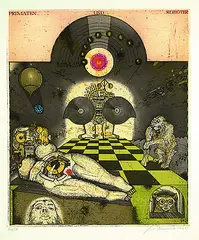 Uwe Bremer, 5 Bll. Figürliche Kompositionen, 1974, Etching in colours
