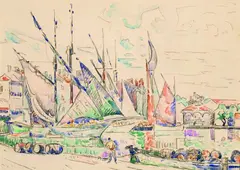 Paul Signac, Saint-Tropez. Bateaux à quai, 1925, Chalk drawing