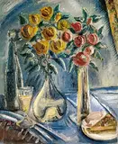 Paul Kleinschmidt, Stillleben mit Blumenvasen, Weinglas und Kuchen, 1928, Oil on canvas