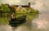 Karl Raupp, Frau im Kahn vor Frauenchiemsee, Oil on canvas
