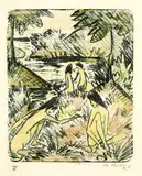 Otto Mueller, Waldsee mit drei badenden und einem sitzenden Mädchen 1 (Badende in Landschaft mit Brücke), 1918, Lithograph