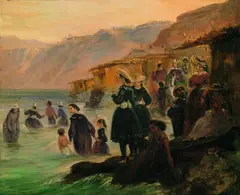 Johann Moritz Rugendas, Badende am Strand von Chorillos bei Miraflores (Lima). - Los baños de Miraflores - Bañistas y cabañas en la playa de Chorillos, Lima, 1844, Oil on canvas
