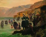 Johann Moritz Rugendas, Badende am Strand von Chorillos bei Miraflores (Lima). - Los baños de Miraflores - Bañistas y cabañas en la playa de Chorillos, Lima, 1844, Oil on canvas