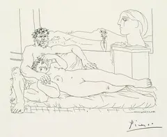 Pablo Picasso, Le repos du sculpteur II (Vieux sculpteur et jeune modèle avec le portrait sculpté du modèle), 1933, Etching