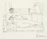 Pablo Picasso, Le repos du sculpteur II (Vieux sculpteur et jeune modèle avec le portrait sculpté du modèle), 1933, Etching
