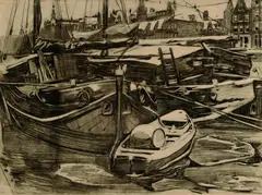 Willem Witsen, Boote im winterlichen Hafen von Amsterdam, Charcoal drawing