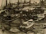 Willem Witsen, Boote im winterlichen Hafen von Amsterdam, Charcoal drawing