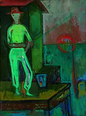 Karoline Wittmann, Angler bei Sonnenuntergang, 1962, Oil on cardboard