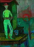 Karoline Wittmann, Angler bei Sonnenuntergang, 1962, Oil on cardboard