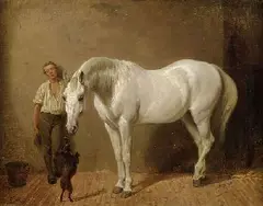 Carl Steffeck, Schimmel, Hund und Bursche, Oil on canvas