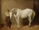 Carl Steffeck, Schimmel, Hund und Bursche, Oil on canvas