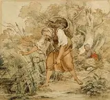 August Richter, Schilf schlagende Bäuerin mit Kiepe auf dem Rücken, 1840, Watercolour