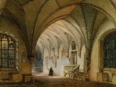 Simon Quaglio, Kreuzgang in einem Kloster mit einem betenden Mönch, 1835, Watercolour