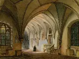 Simon Quaglio, Kreuzgang in einem Kloster mit einem betenden Mönch, 1835, Watercolour