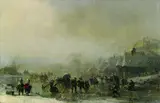 Adolf Stademann, Winterliches Eisvergnügen, Oil on panel